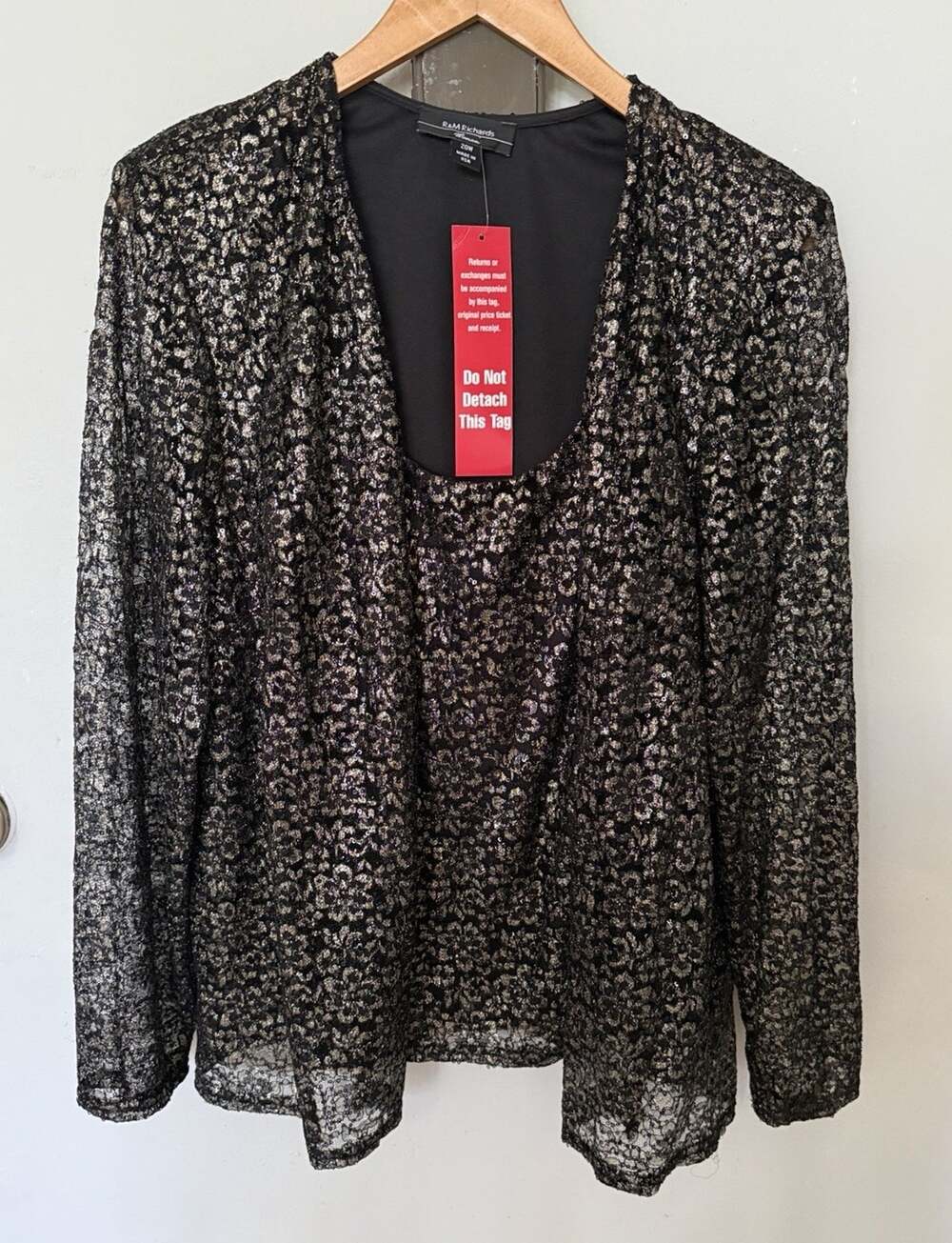 R&M Richards SZ 20W Black Gold Lace Overlay Sequin Top Metallic NWT